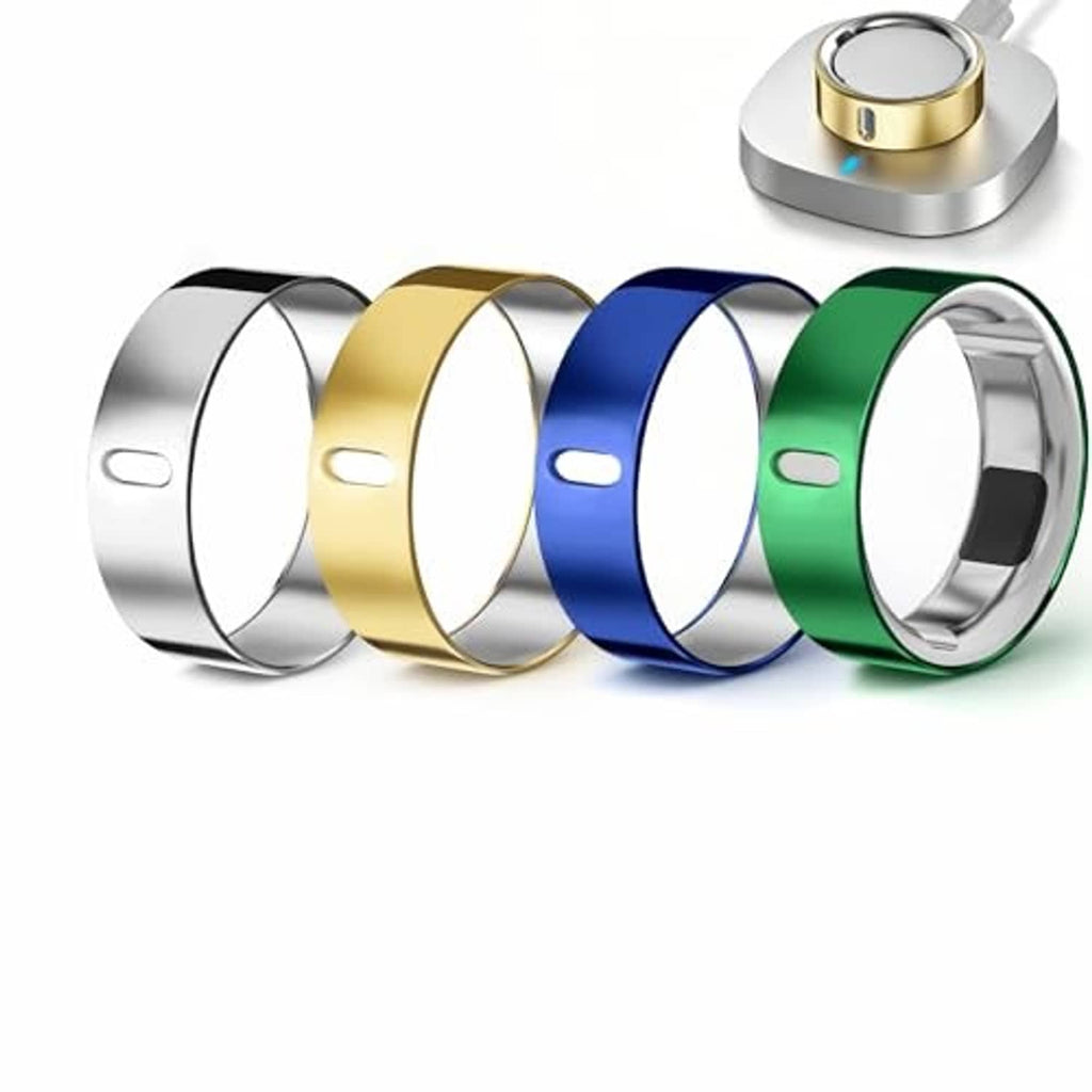 Set of four TPU ring covers: silver, gold, blue, and green bands arranged together