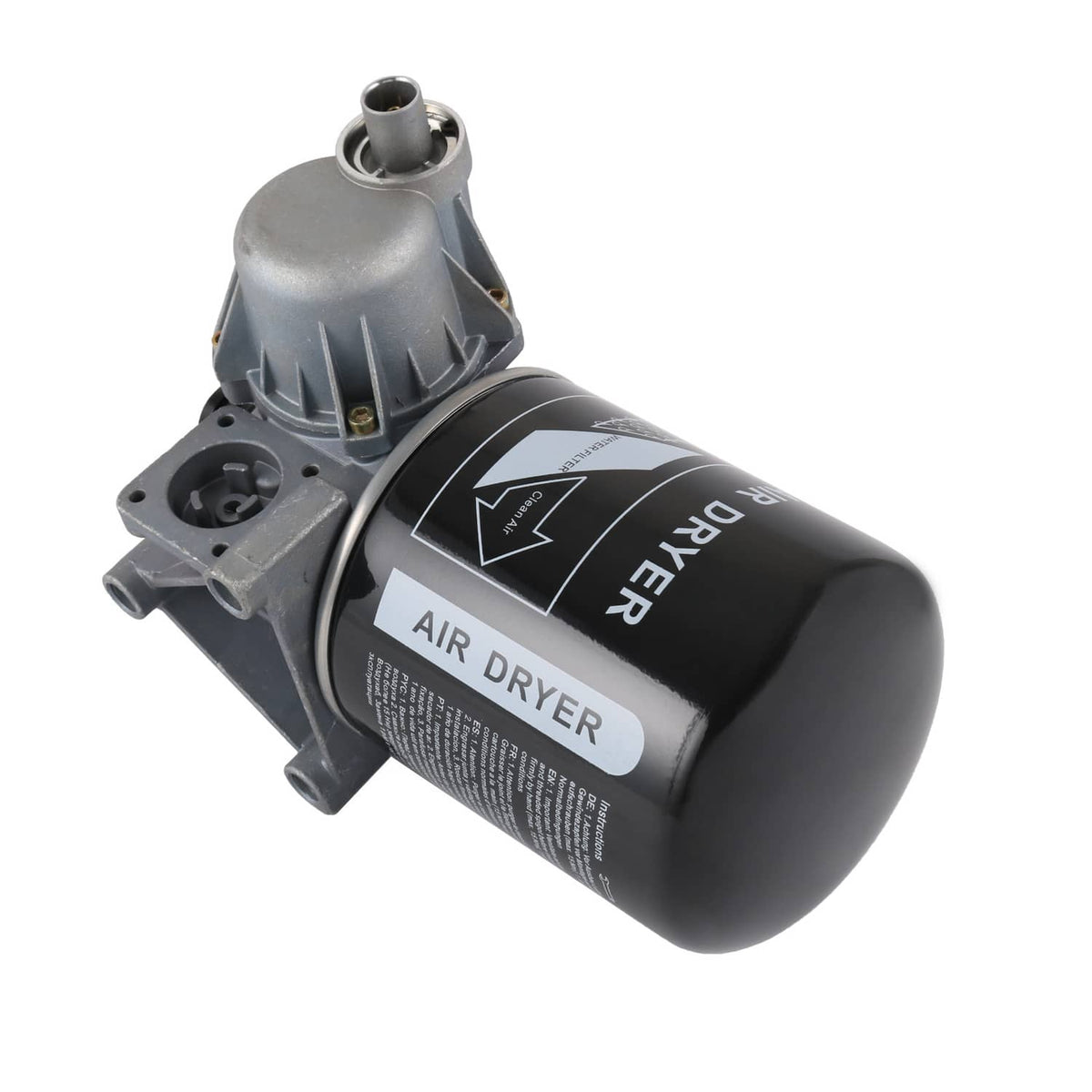 Air dryer with black canister, gray bracket, and top exhaust opening