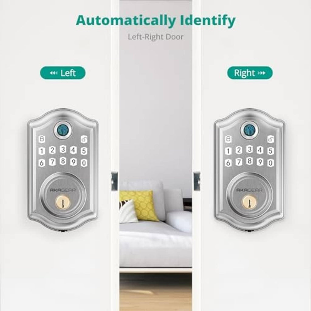 Two satin nickel keyless door locks for left and right doors, each with fingerprint sensor