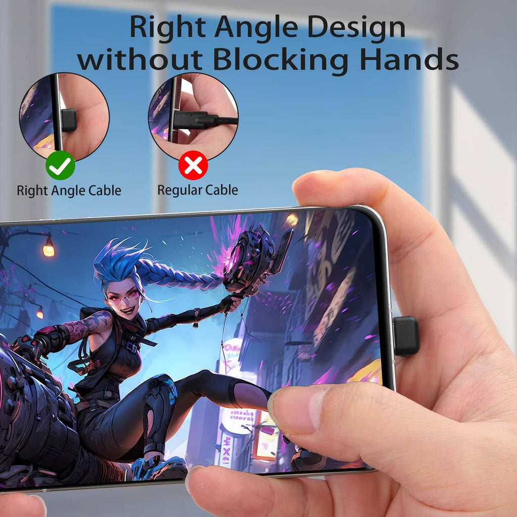 Black flat USB-C extension cable connected to a smartphone with right-angle head