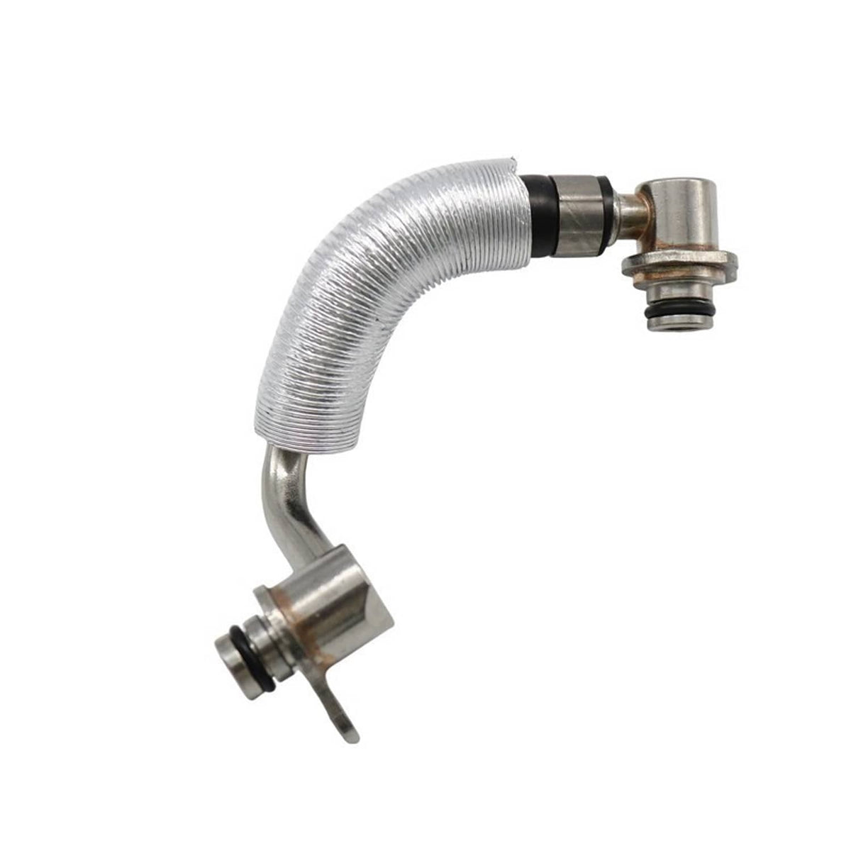 Silver braided coolant hose with metal valve-style connector and mounting bracket