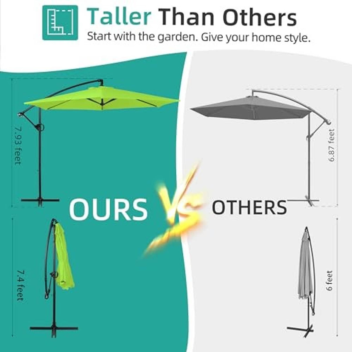 Offset patio umbrella with tall pole and cross base, shown beside another style