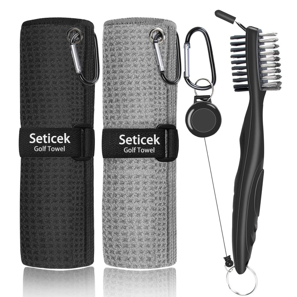 Seticek golf towel set (2) with carabiner and compact club brush, black and gray
