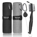 Seticek golf towel set (2) with carabiner and compact club brush, black and gray