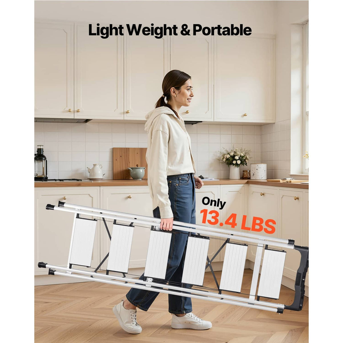 Folded silver aluminum ladder frame, lightweight and ready to carry