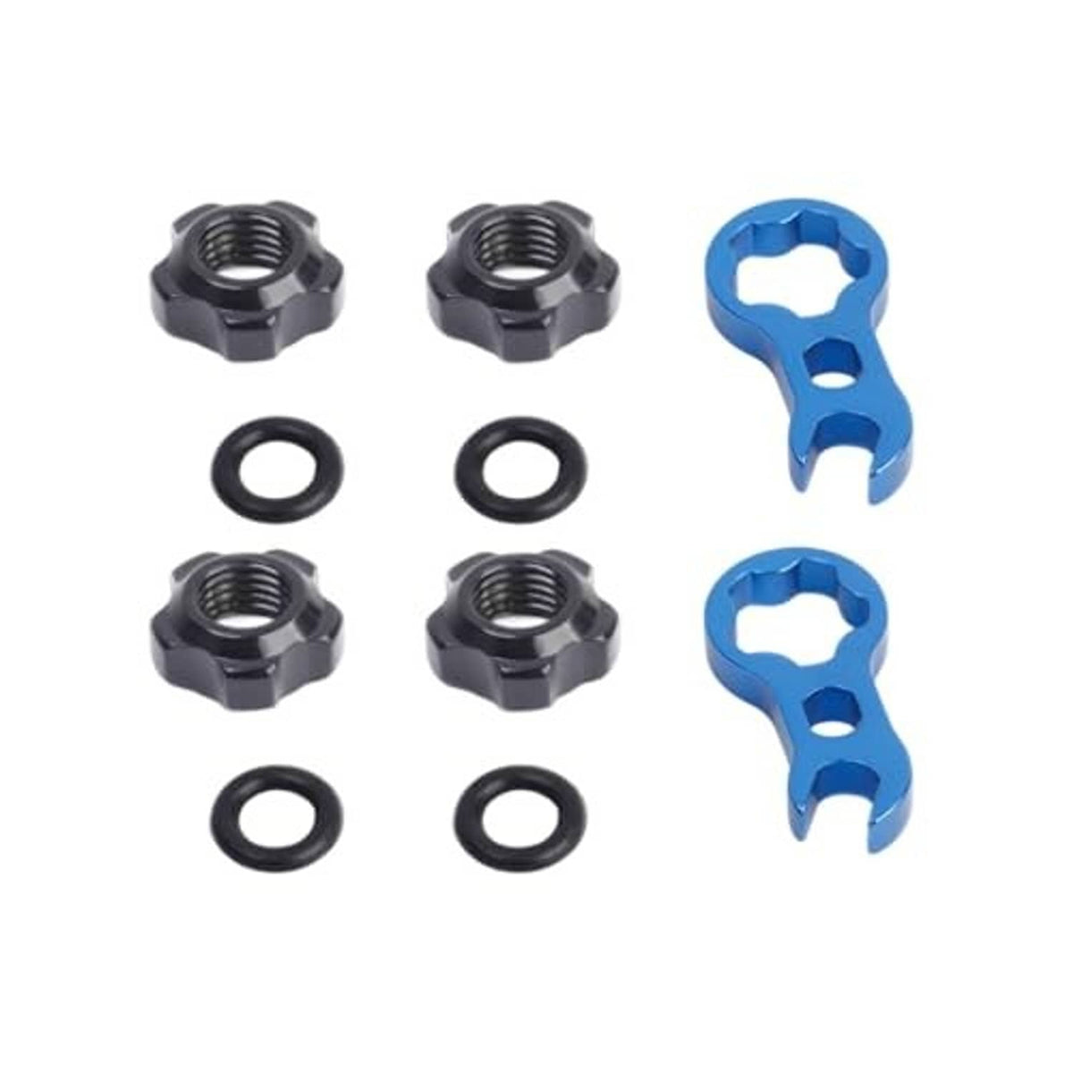 Bicycle valve nut set showing black hex nuts, black sealing rings, and blue wrench pieces