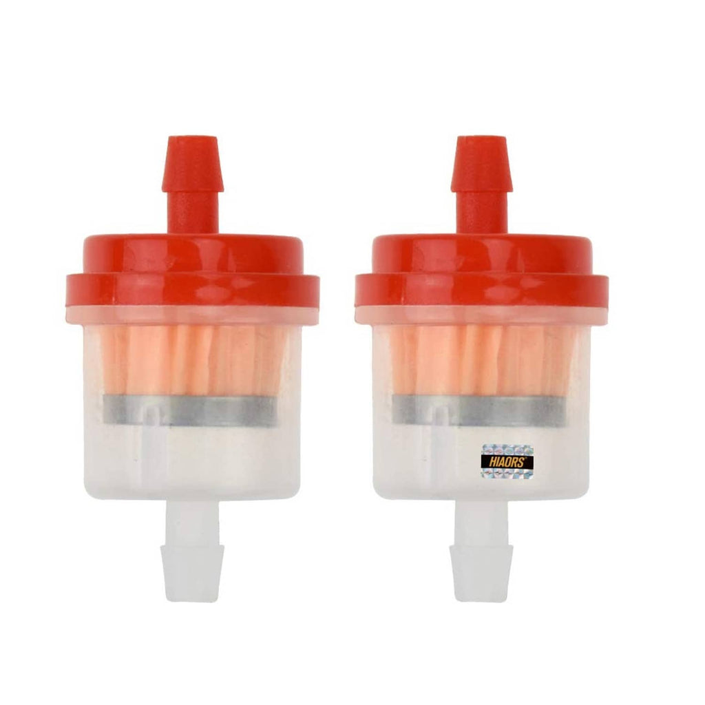 Pair of inline fuel filters with red caps and clear bodies for small engine fuel lines.
