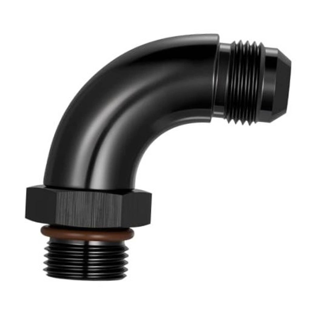 Black 90-degree AN male flare fitting elbow with threaded ends and hex coupling