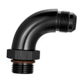 Black 90-degree AN male flare fitting elbow with threaded ends and hex coupling