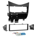 Single DIN dash trim kit with wiring harness, black/gray panel and mounting brackets