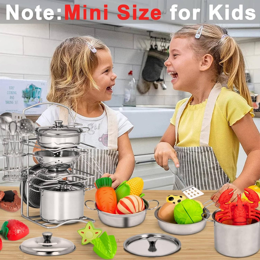 Children playing with child-size silver pots and pans, lids, and pretend ingredients.