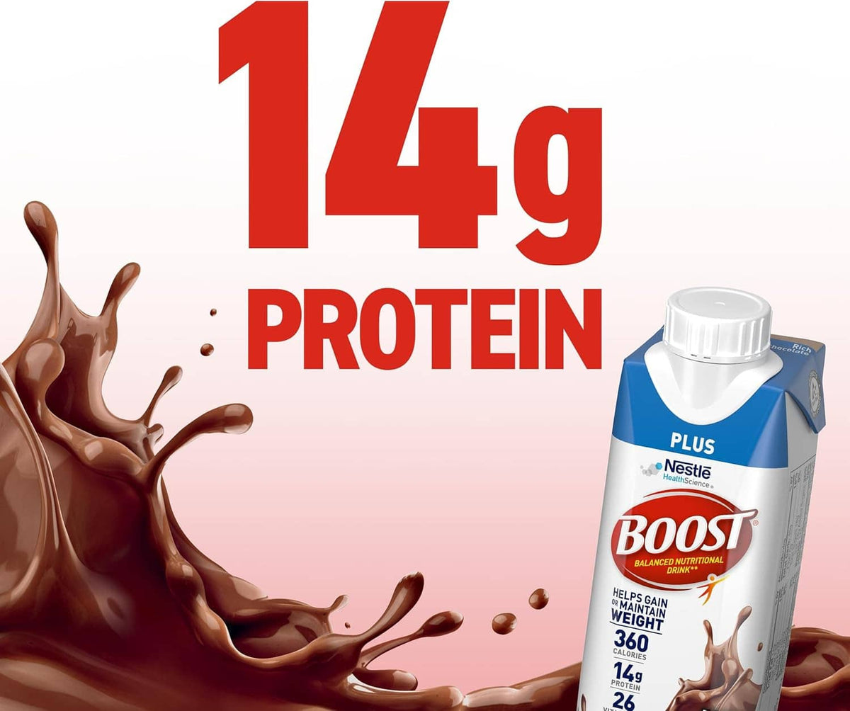 Rich chocolate drink carton highlighting “14g protein” with brown splash graphic.