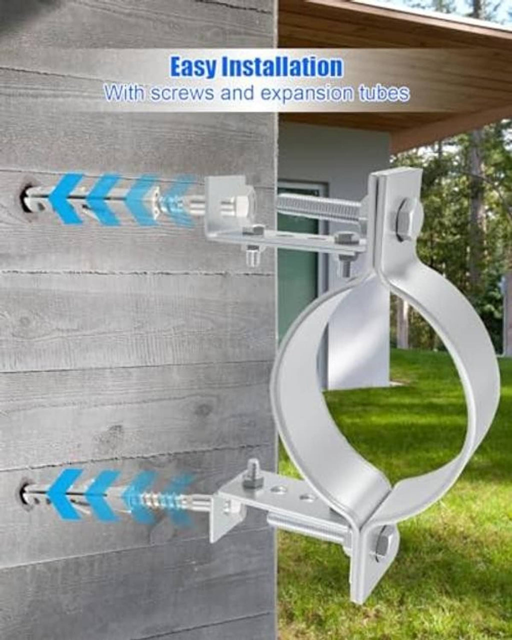 Mounted adjustable B-vent wall pipe bracket with split-ring clamp and expansion hardware