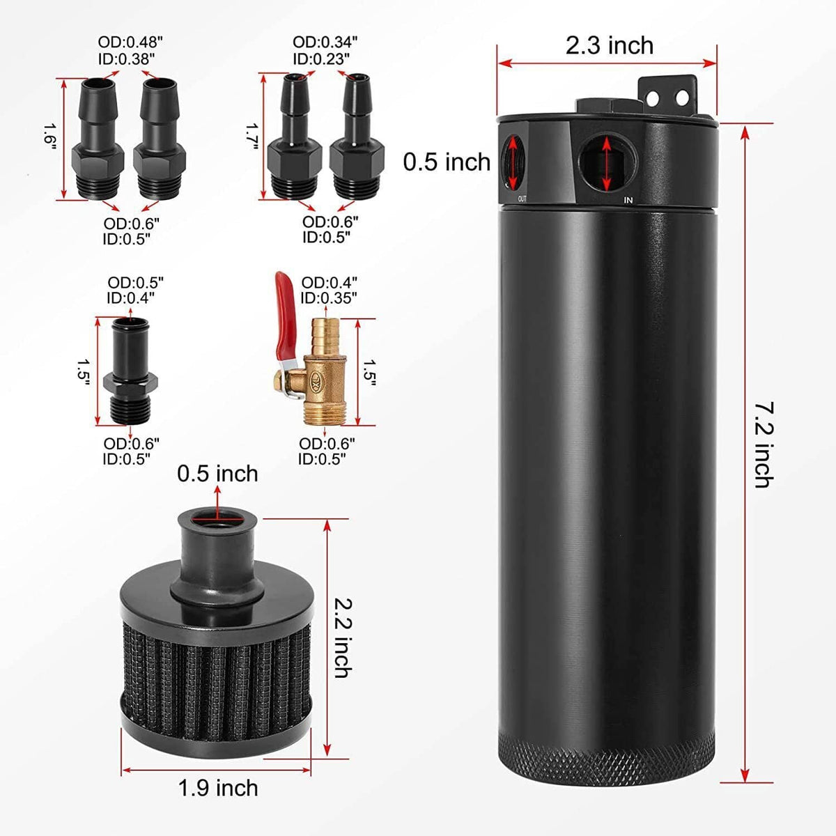 Black oil catch can with threaded ports and textured base, shown with size dimensions