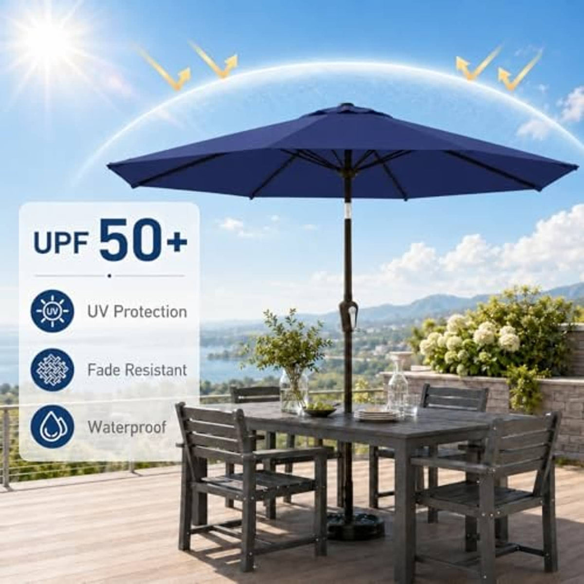 Navy outdoor patio umbrella with solar LED lights and UV protection design.