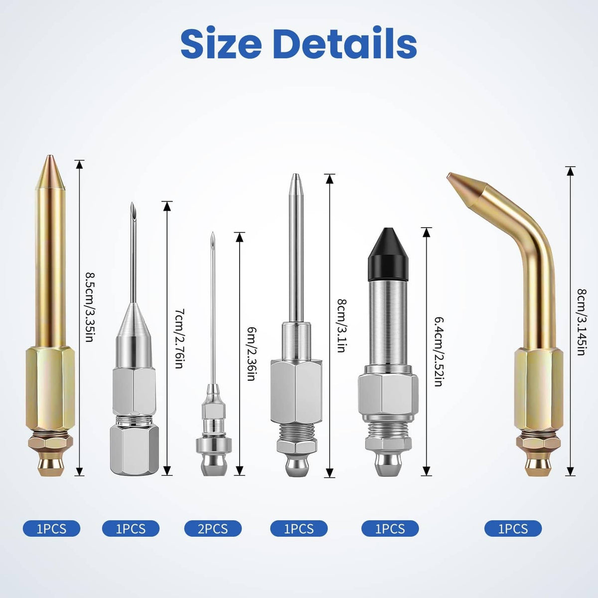 Grease gun needle tip kit with mixed gold and silver straight and curved nozzles