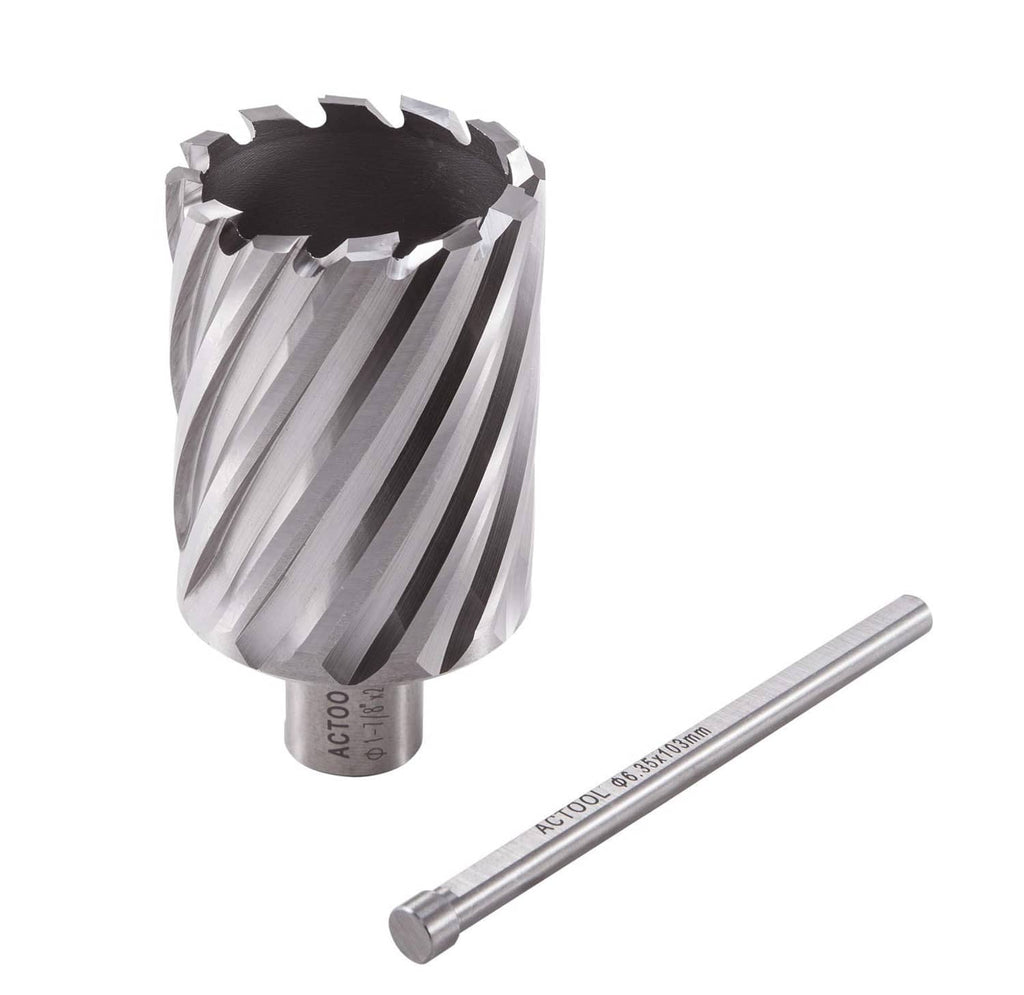 HSS annular cutter, top view of serrated fluted ring, with guide rod