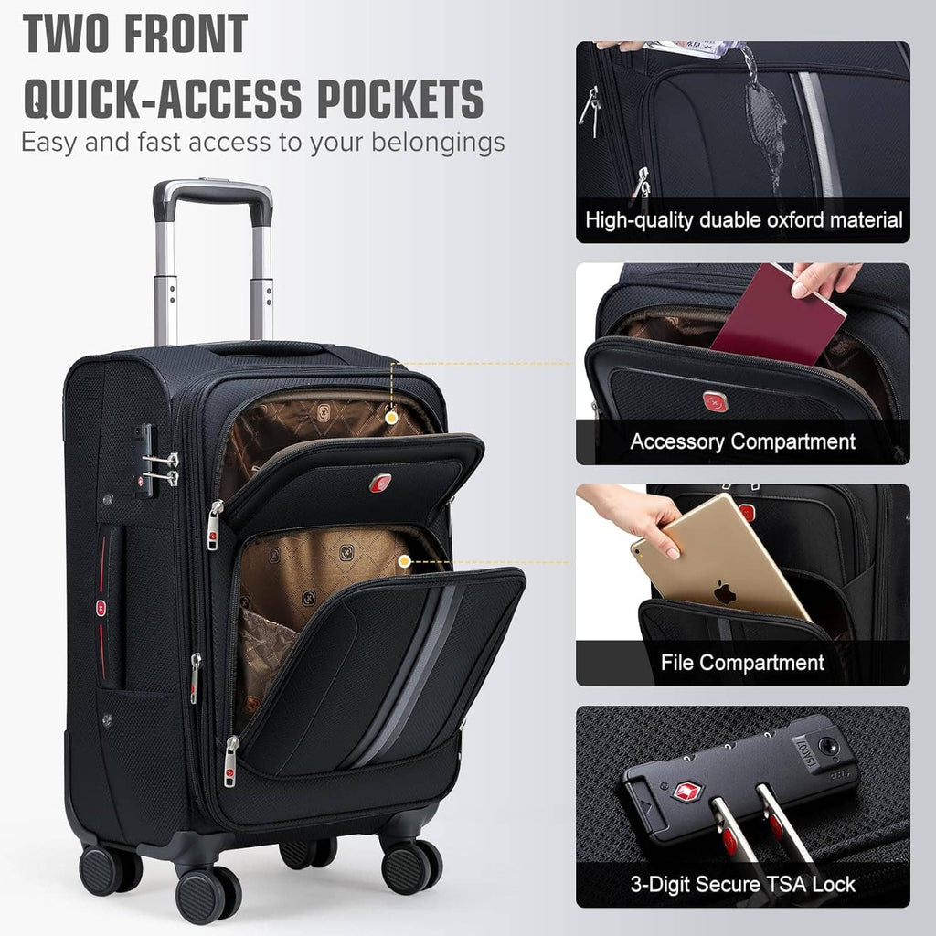 Black carry-on suitcase with two front quick-access pockets and visible TSA lock