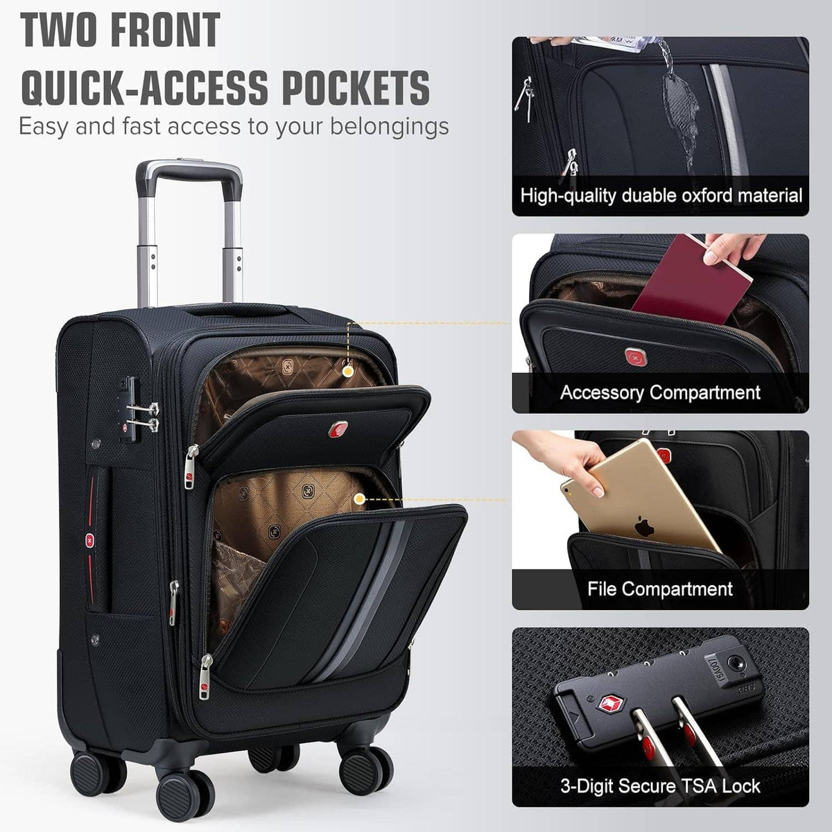Black carry-on suitcase with two front quick-access pockets and visible TSA lock