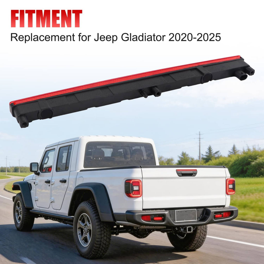 Long red LED third brake light with black mounting housing, angled rear view on truck