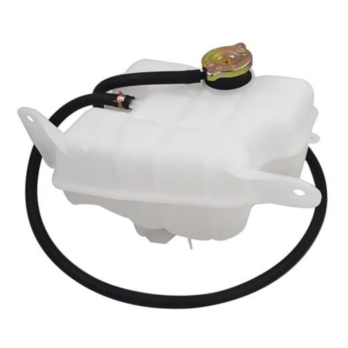 White engine coolant overflow reservoir tank with black hose and cap fitting