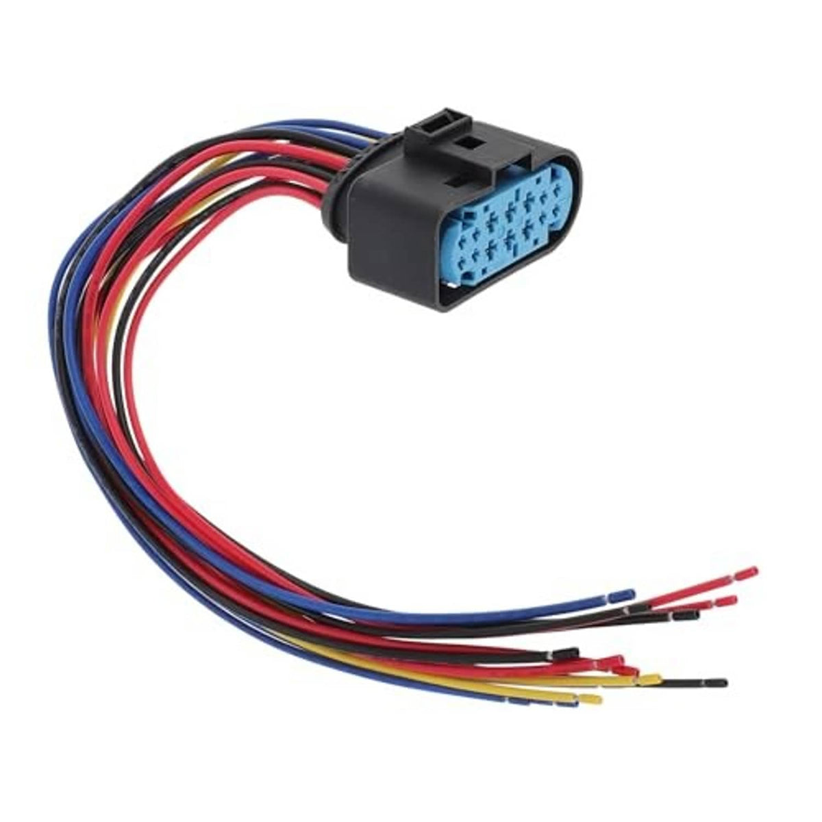Close-up 14-pin headlight connector pigtail plug with blue socket and multicolor wire leads