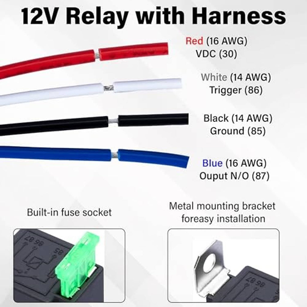 12V relay with harness featuring fuse socket and color-coded wires in red, white, black, and blue