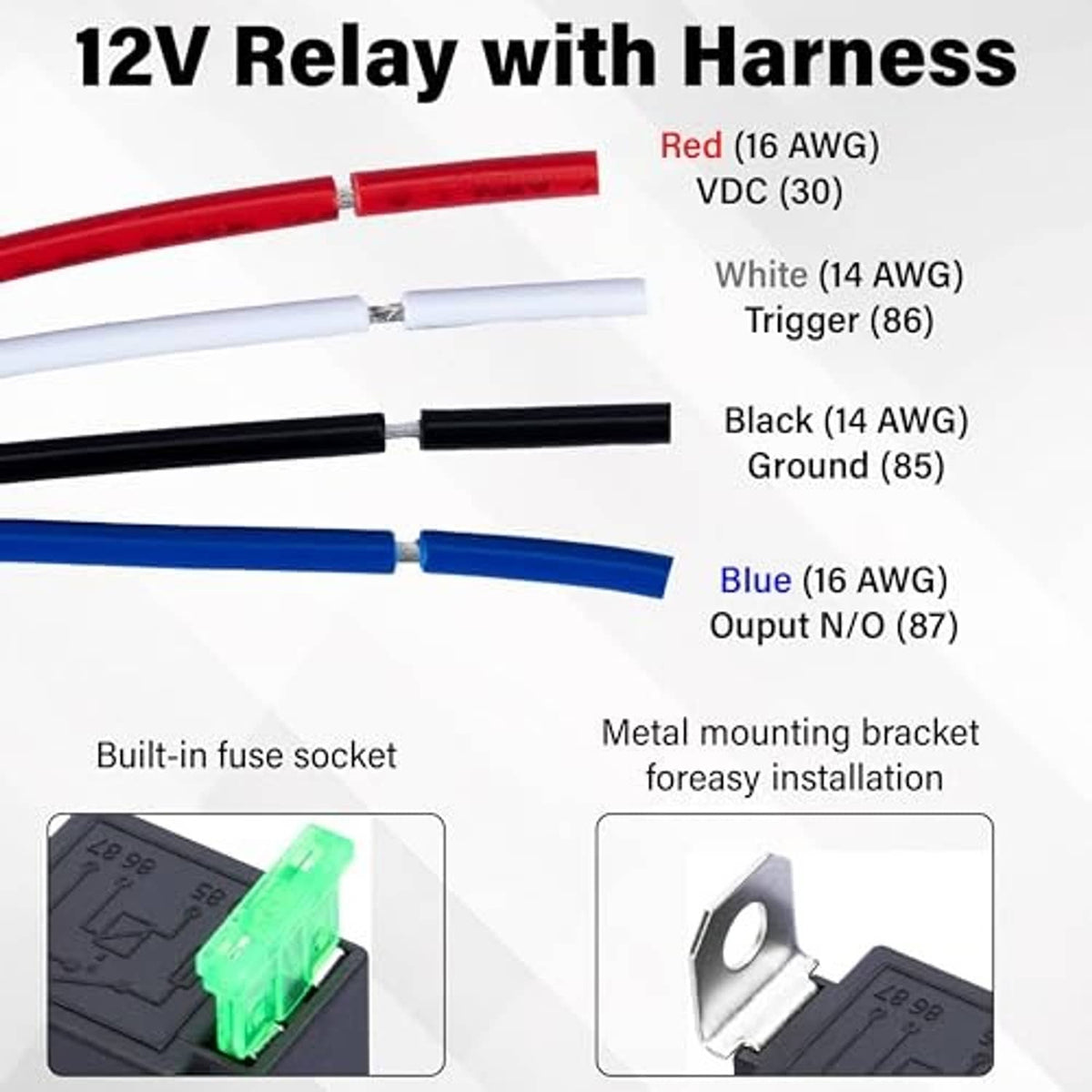 12V relay with harness featuring fuse socket and color-coded wires in red, white, black, and blue