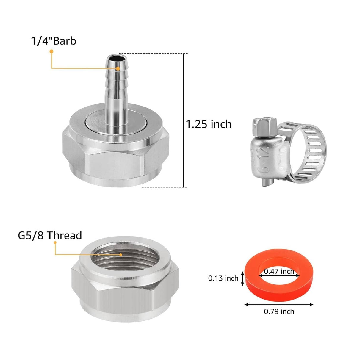 Stainless steel keg coupler barb connector with orange gasket and clamp, G5/8 thread