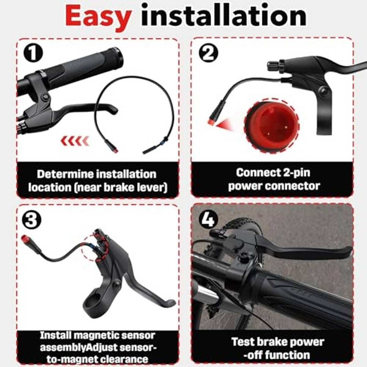 Magnetic brake sensor kit: black cable with 2-pin connector and red-tipped end