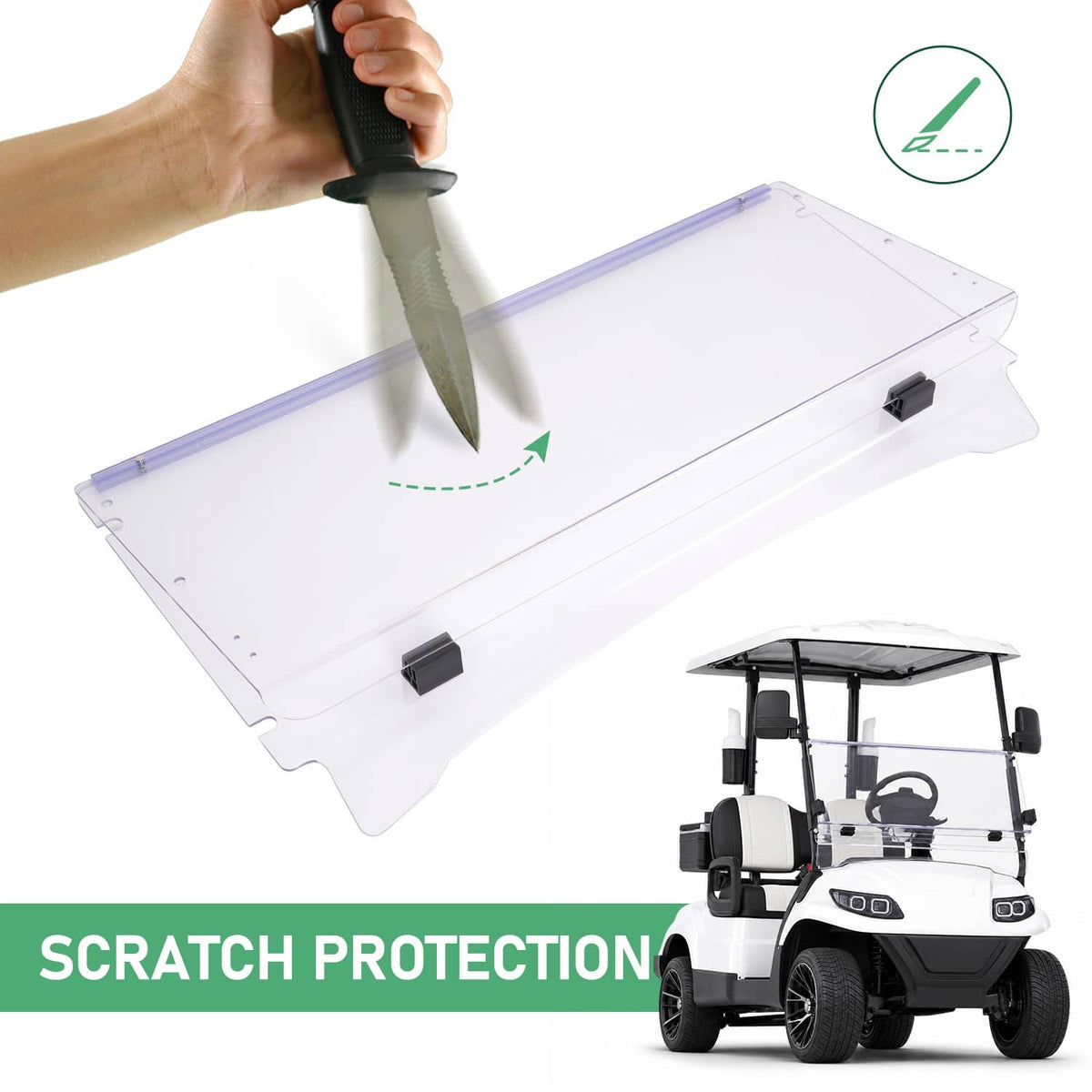 Clear folding windshield windscreen panel with purple trim and protective edge