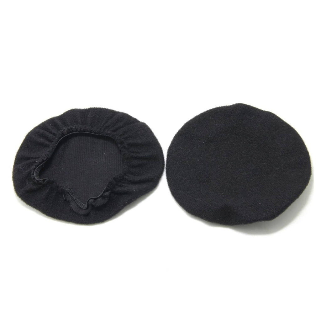 Pair of black headphone earpad covers, one showing inner backing and stitching