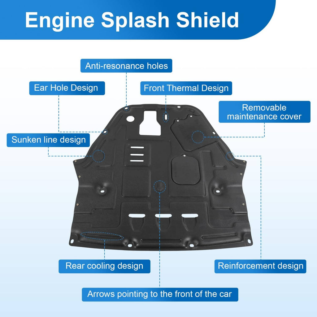 Black engine splash shield panel with anti-resonance holes and reinforced areas