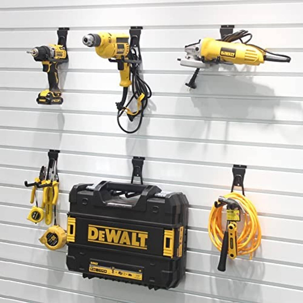 Black slatwall U hooks mounted on slatwall, with curved arms for hanging items