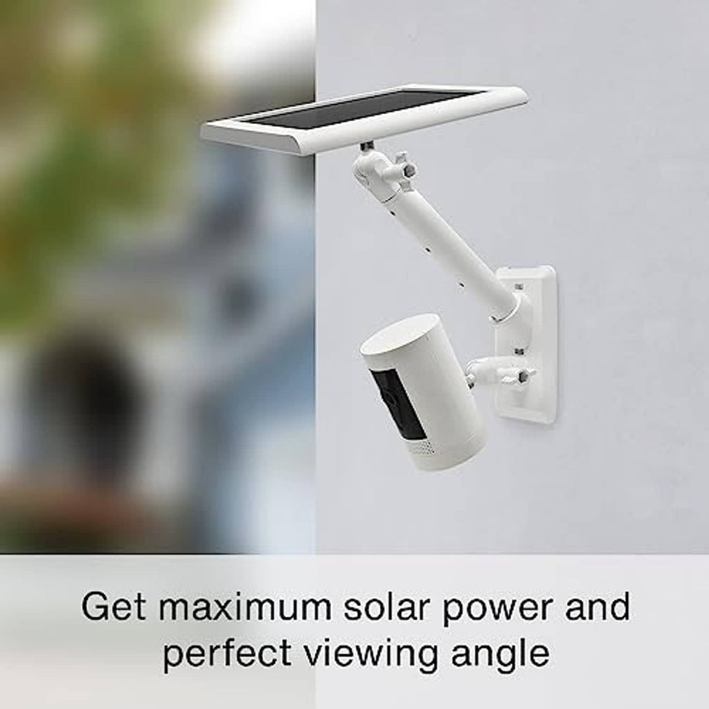White wall mount with adjustable arm supporting a security camera and solar panel