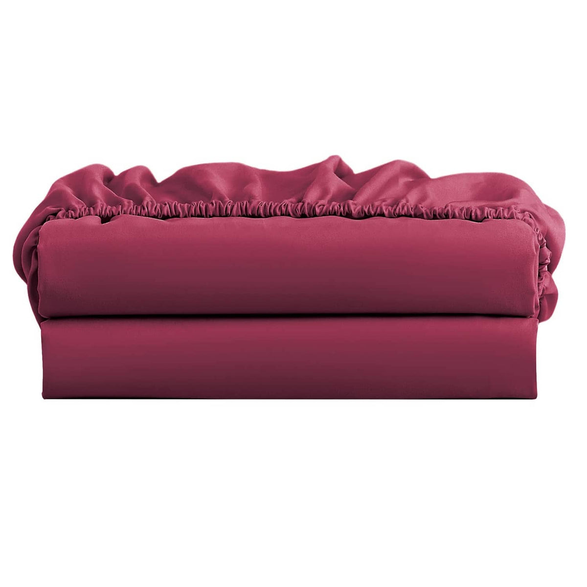 Burgundy queen fitted sheet, rolled with ruffled elastic edge