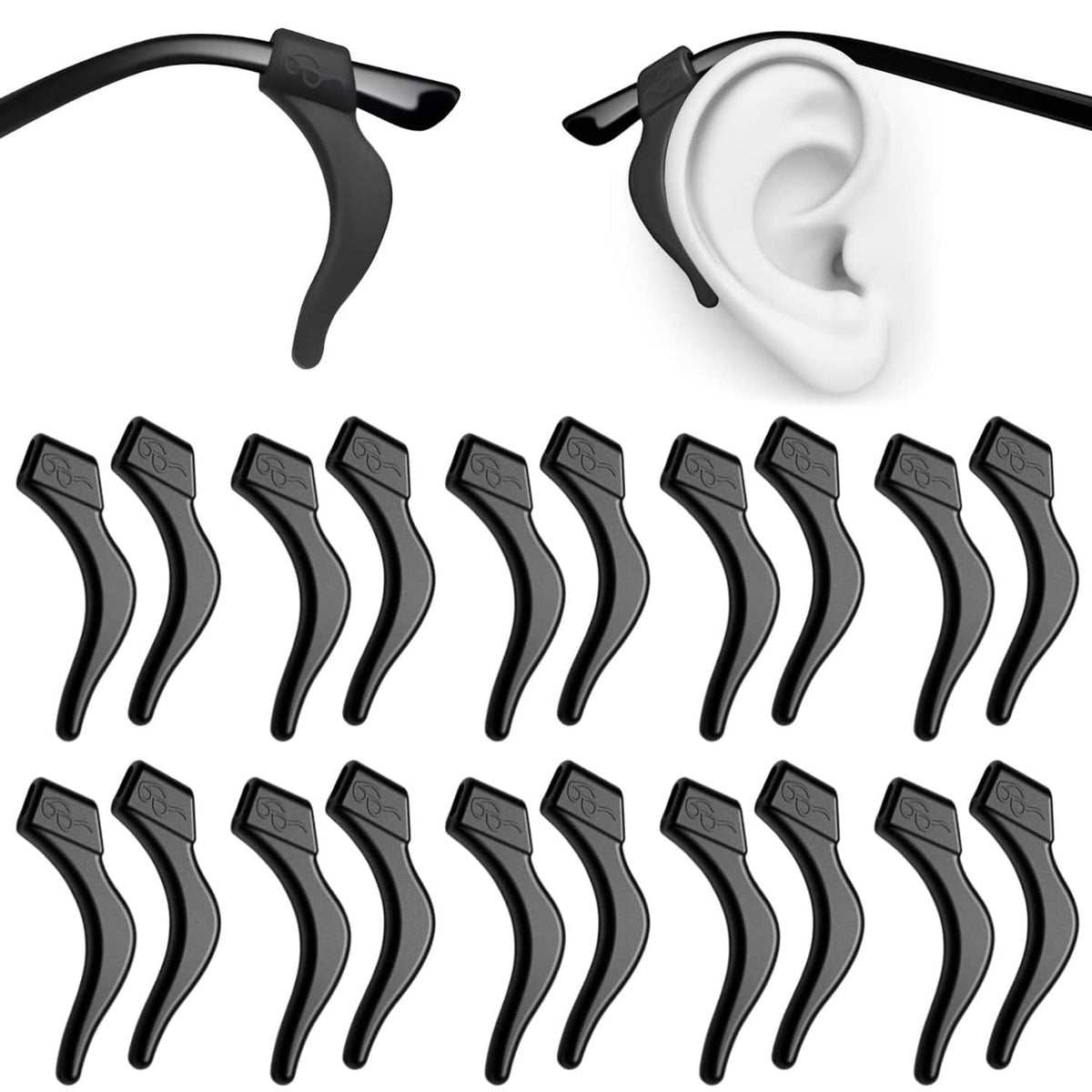 Set of black silicone eyeglass ear grips, curved non-slip hook shapes
