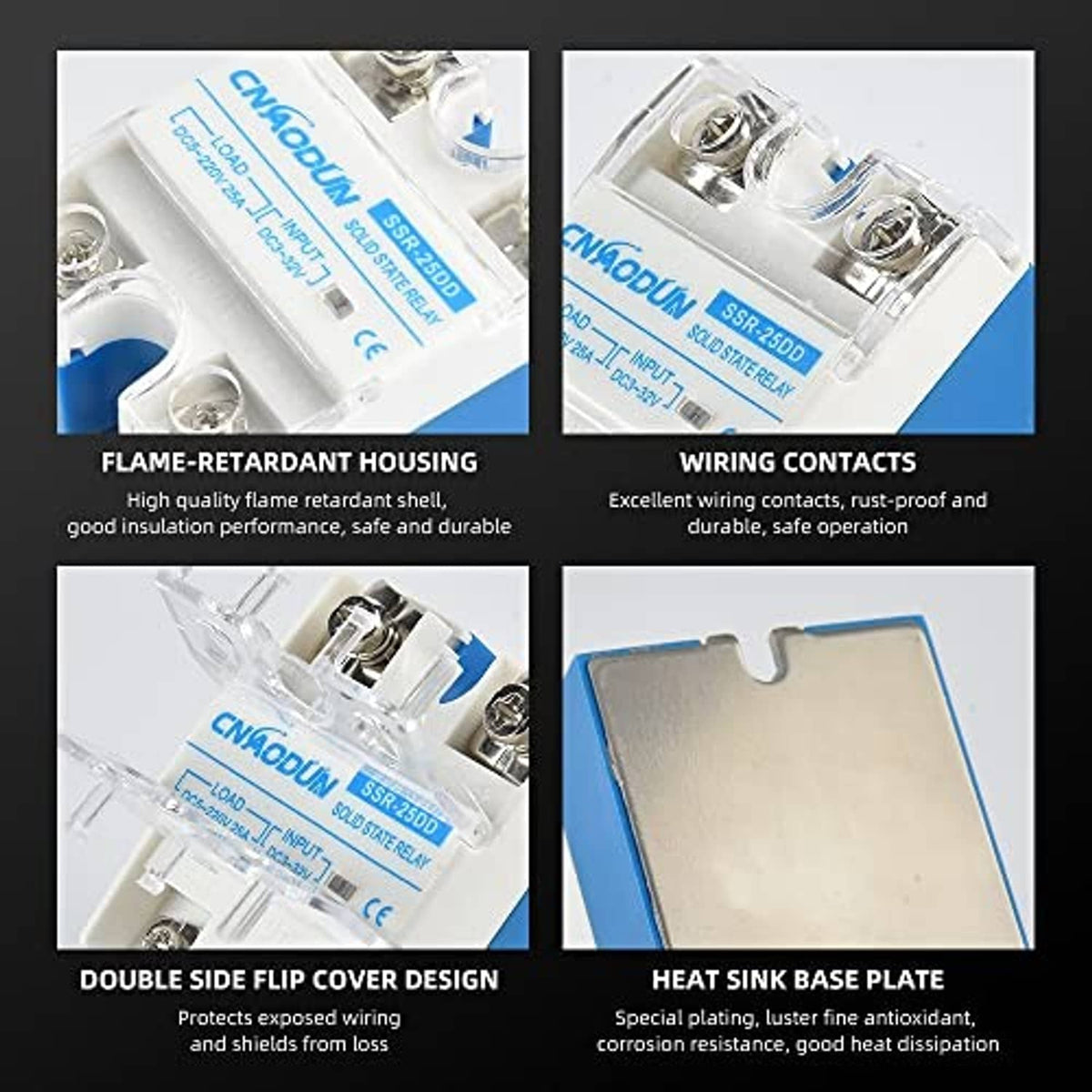 Solid state relay close-ups showing flame-retardant housing, wiring contacts, heat sink plate