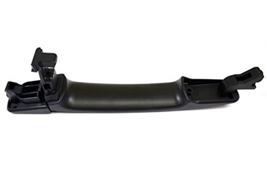 Exterior outside door handle, primed black, underside with mounting clips and latch area