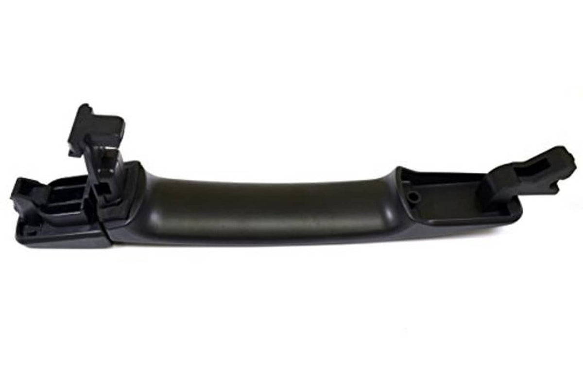 Exterior outside door handle, primed black, underside with mounting clips and latch area