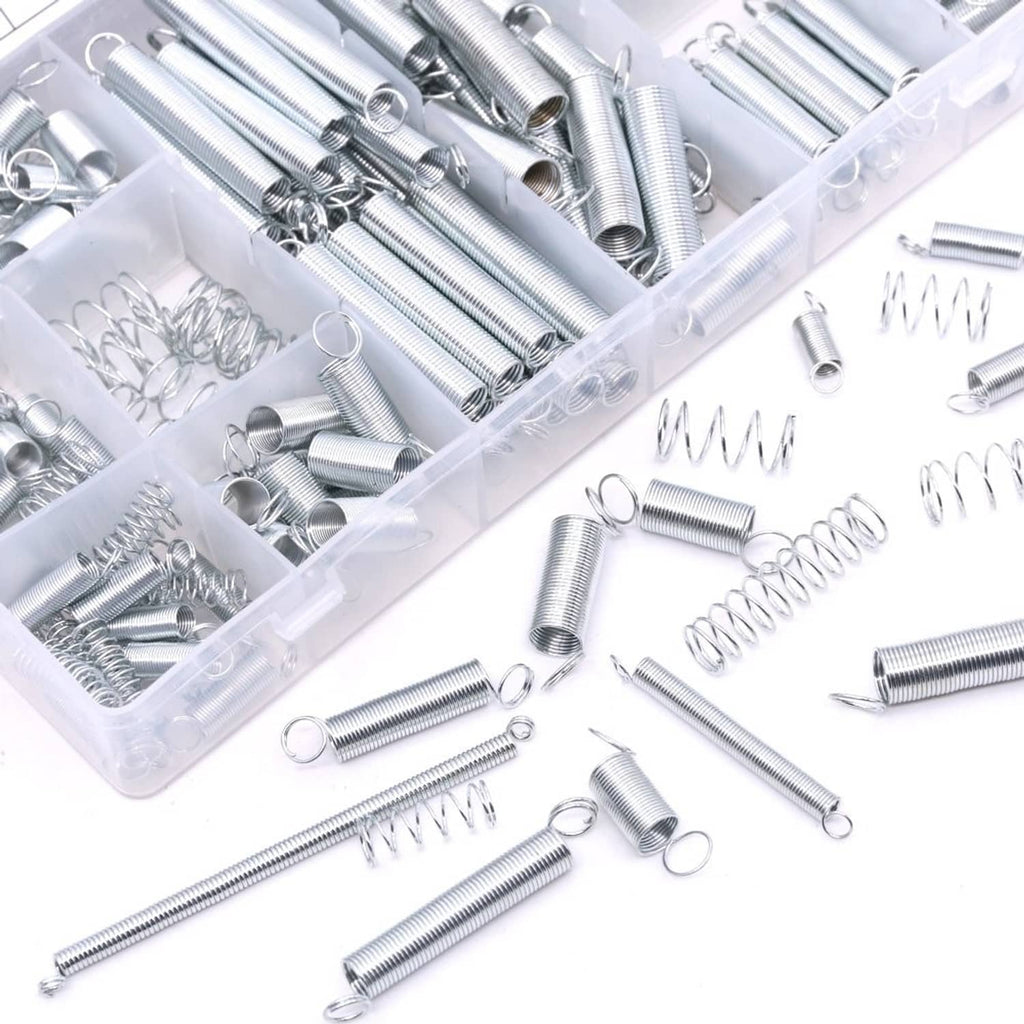 Close-up of zinc-plated coil springs, threaded posts, and ring washers