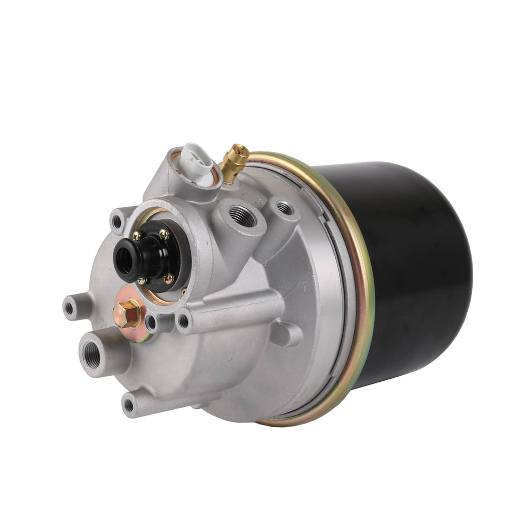 Air dryer valve assembly with silver housing, black reservoir, and electrical connector
