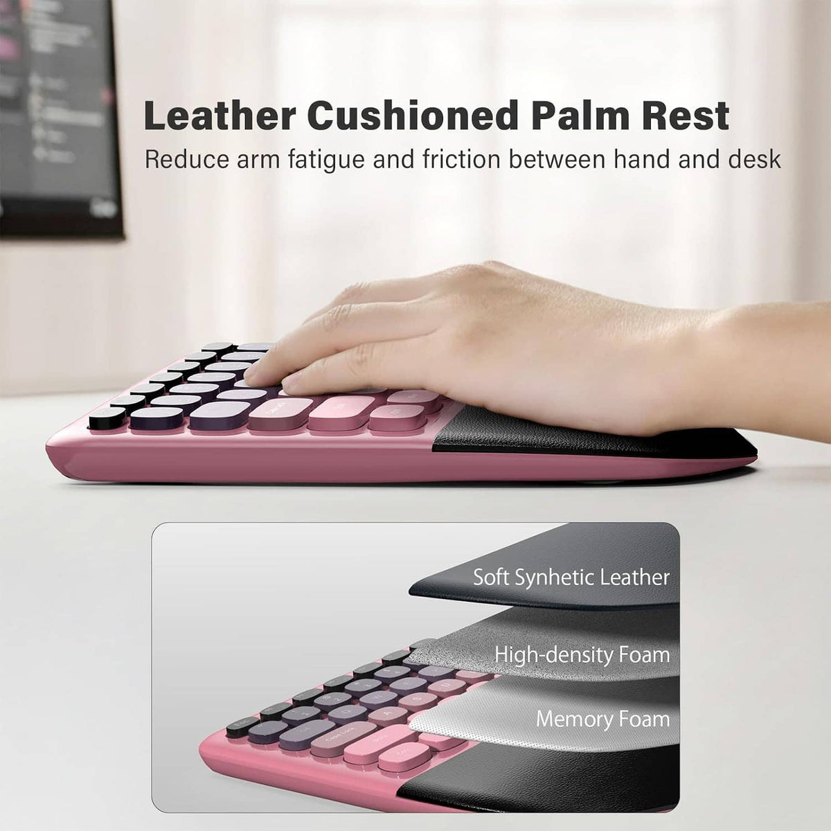Pink wireless split keyboard with cushioned palm rest and wrist support pad