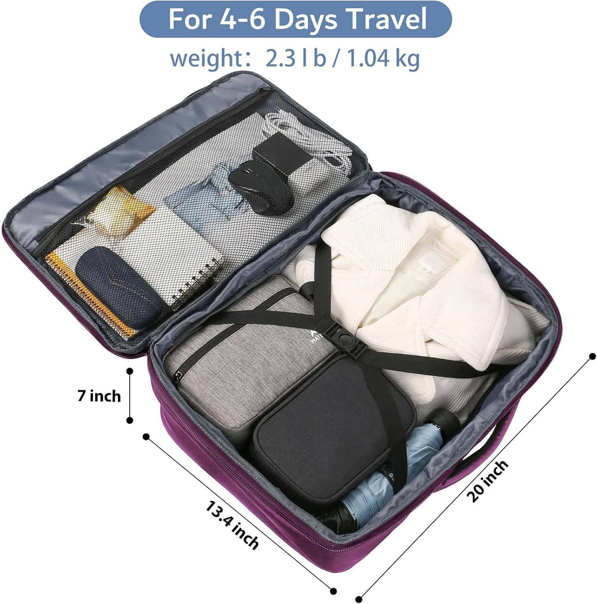 Purple travel backpack open to show zippered packing compartments