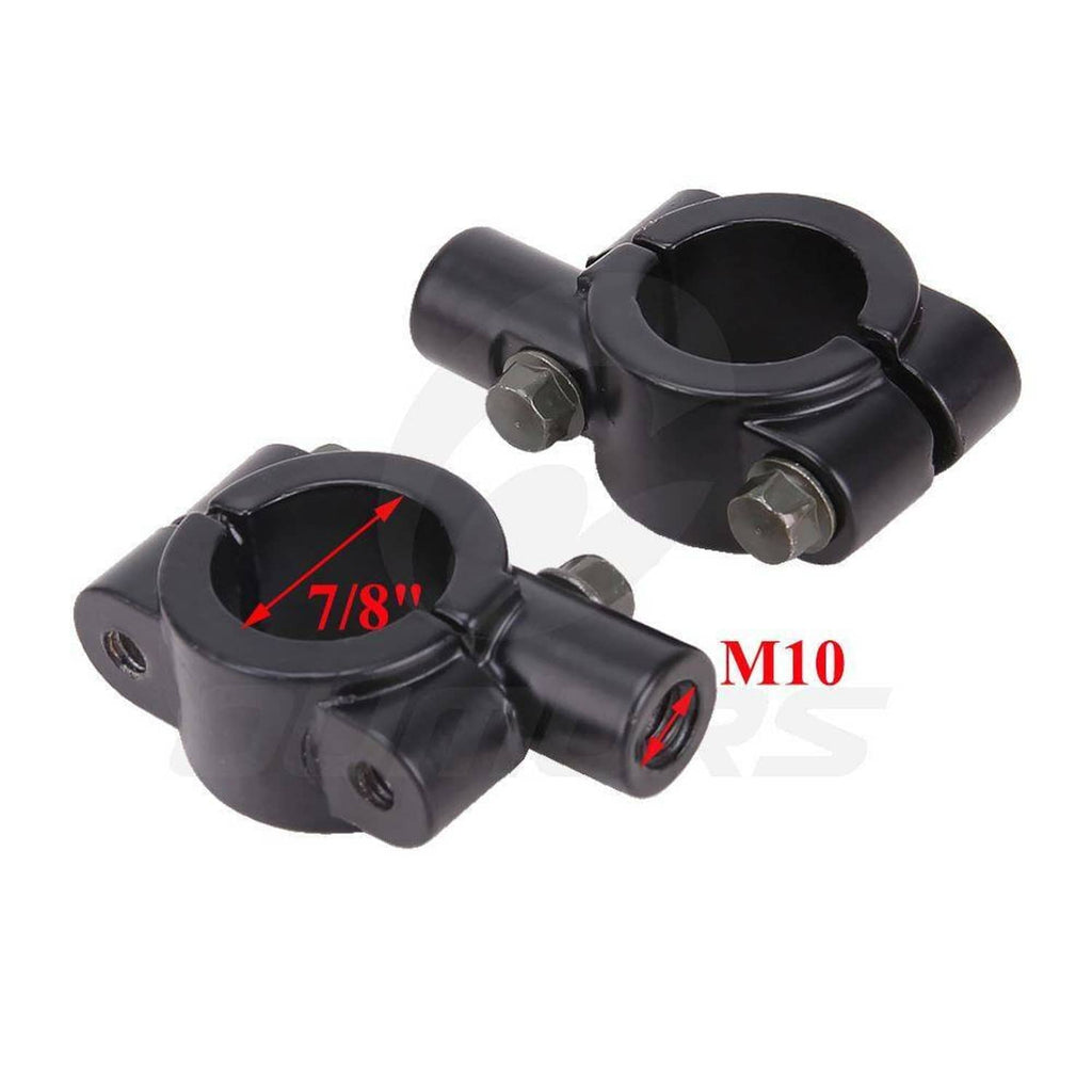 Black 7/8in handlebar mirror mount clamps, M10 threaded openings
