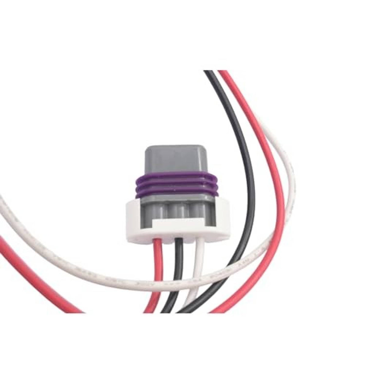 Gray connector housing with purple strain relief and red/black/white lead wires