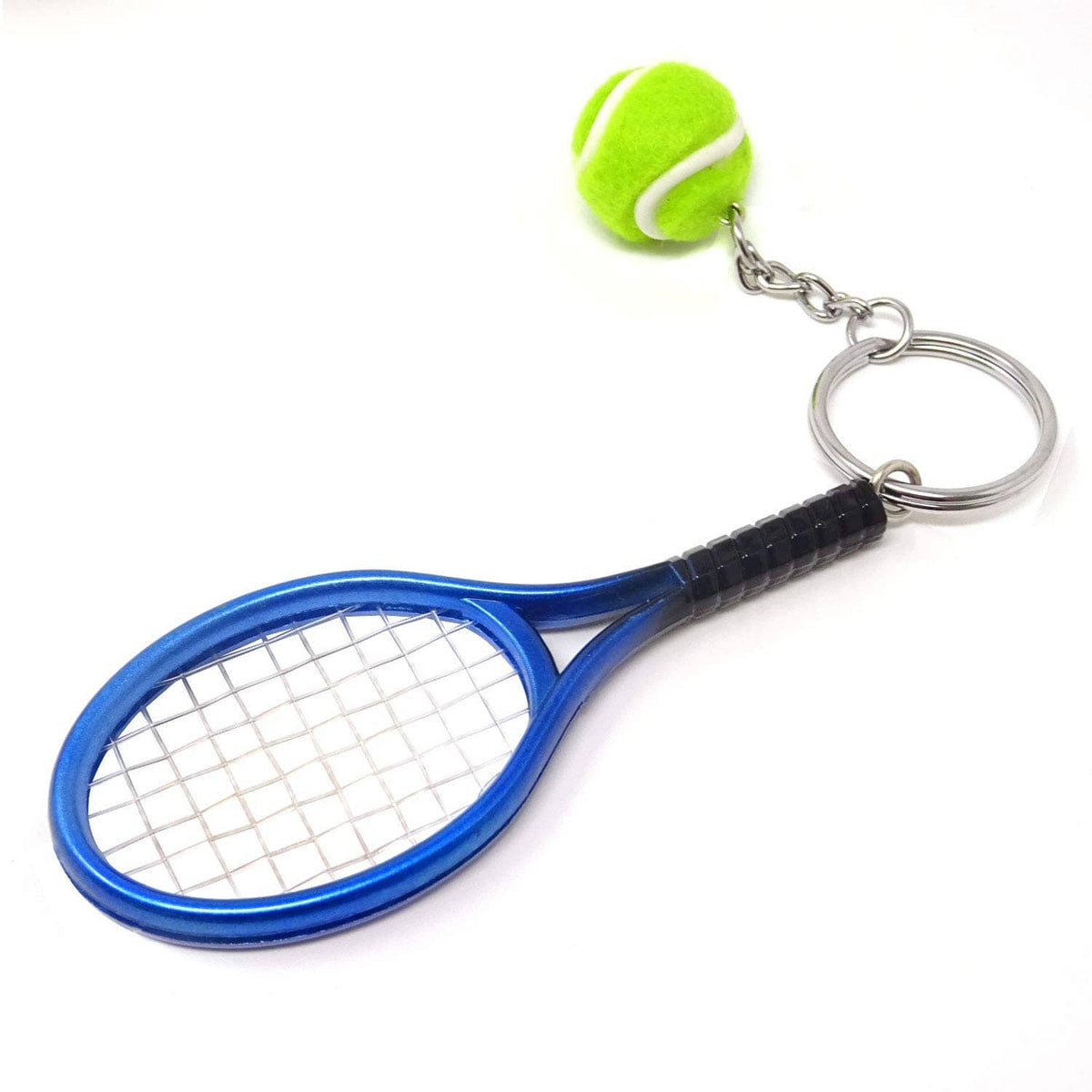 Mini tennis racket keychain with key ring, blue racket, black handle, green tennis ball