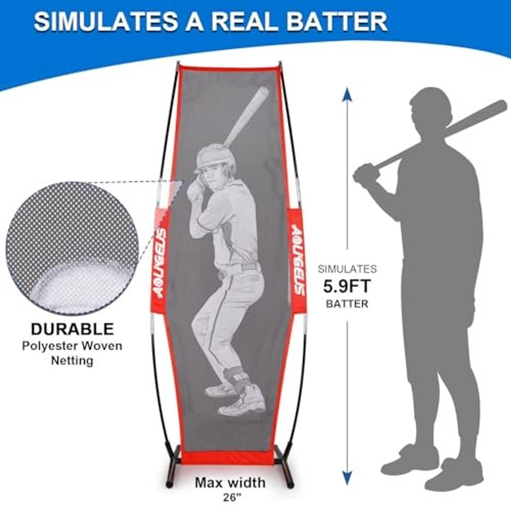 Red pitching target with batter silhouette and height/width reference graphic
