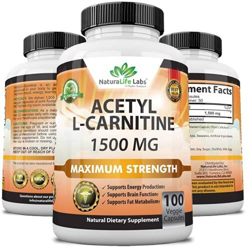 Acetyl L-carnitine 1500 mg supplement bottle with 100 veggie capsules