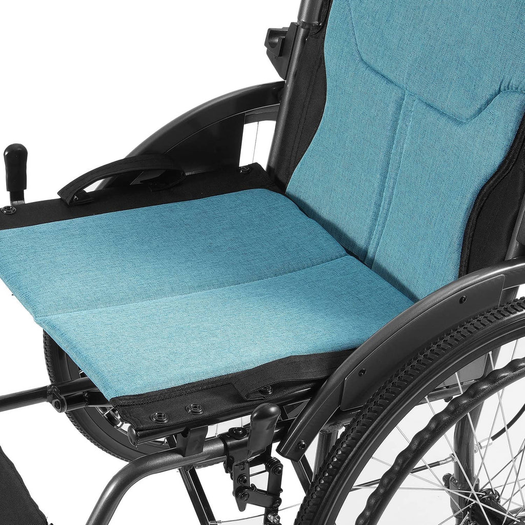 Manual wheelchair with blue seat cushion, black armrest, and adjustable footrest platform